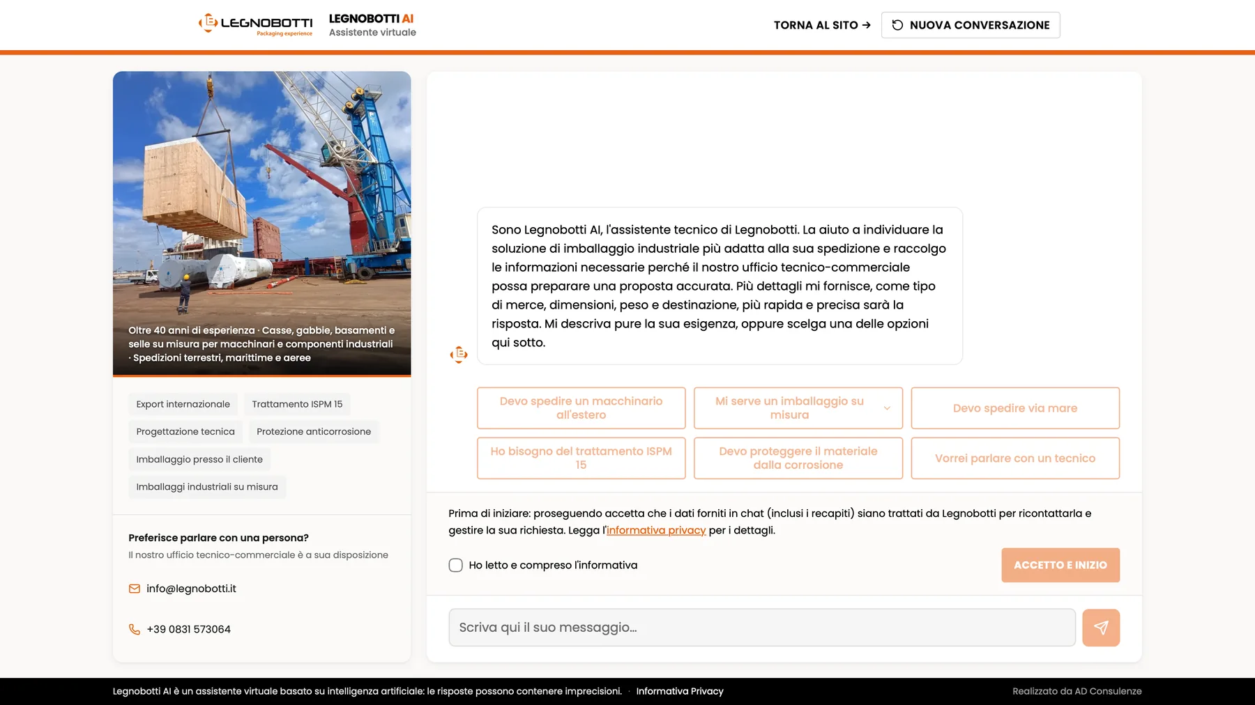 La pagina dell'assistente virtuale di Legnobotti, con il messaggio di benvenuto e le richieste da cui partire